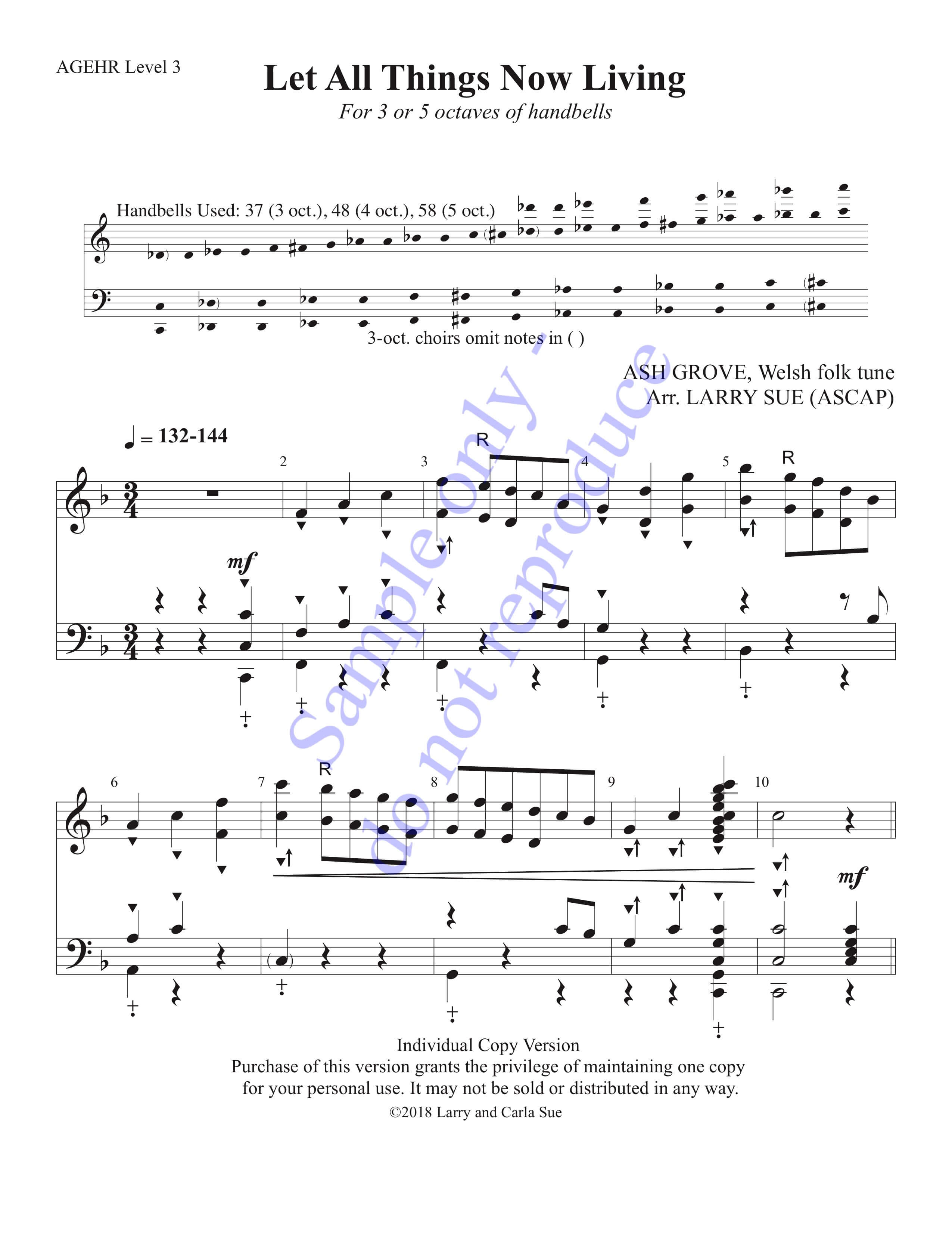 Let All Things Now Living (ASH GROVE) (Handbells, 3-5 octaves, Level 3), page 1