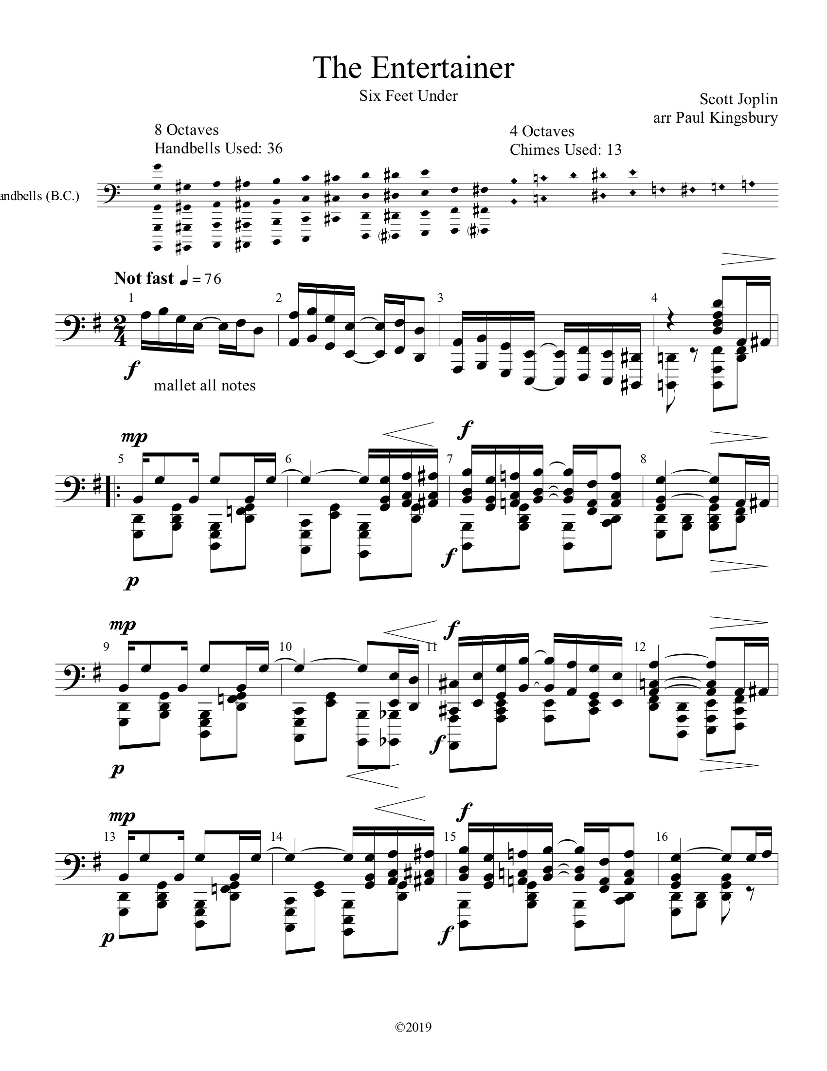 The Entertainer - Paul Kingsbury, for bass handbells and handchimes, page 1