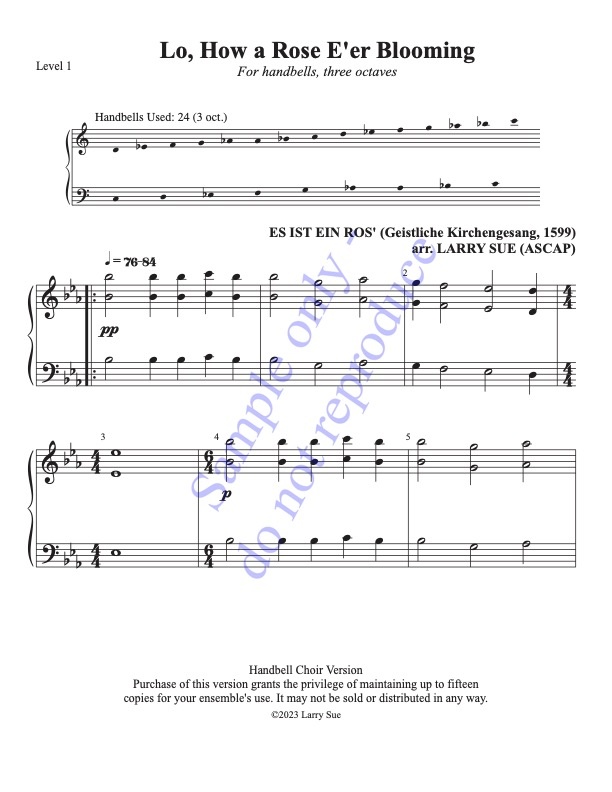 Lo, How a Rose E'er Blooming (Handbells, 3 octaves, Level 1), page 1