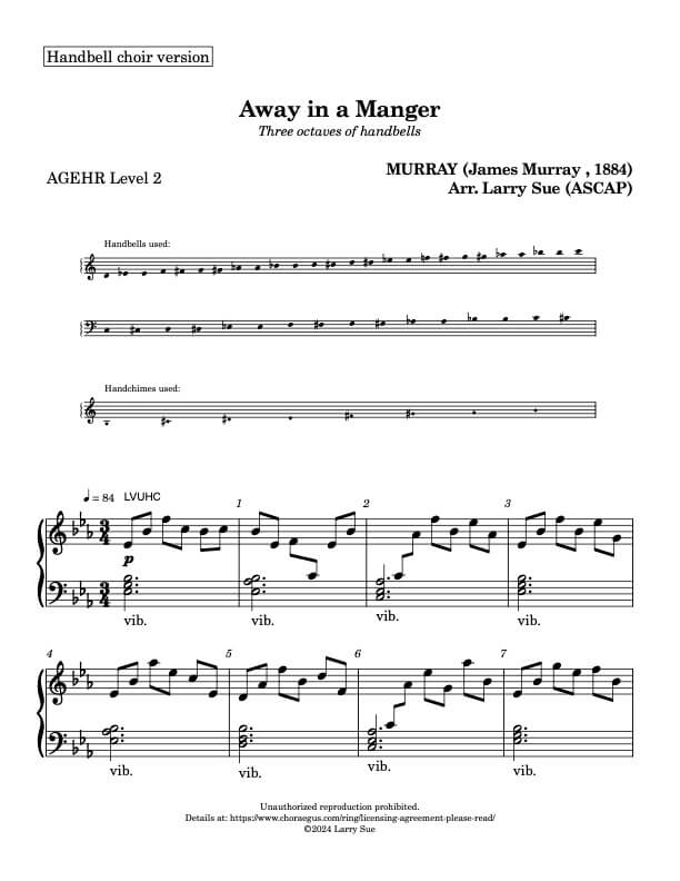 Away in a Manger (MURRAY) (Handbells, 3 octaves, plus handchimes, 2 octaves, Level 2) - page 1