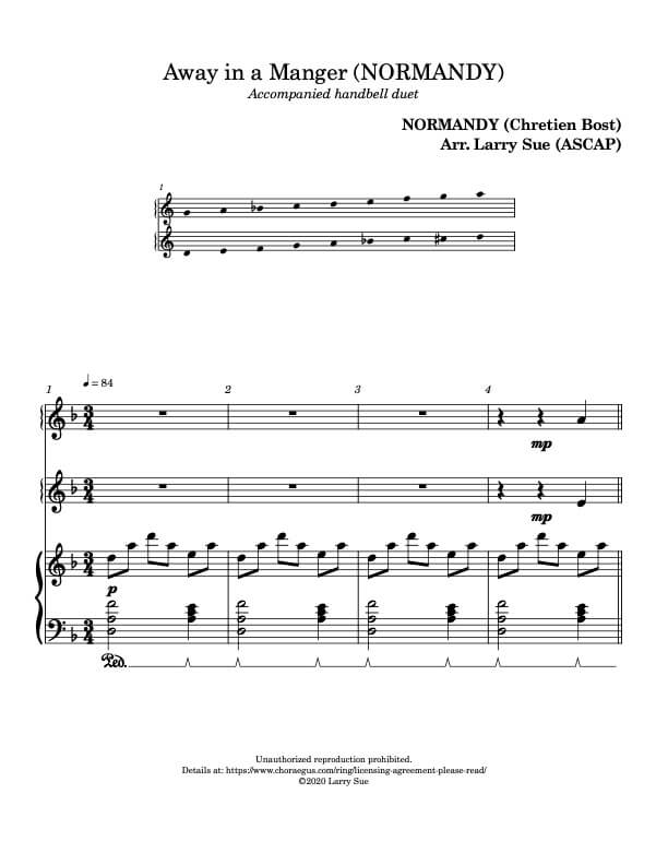 Away in a Manger (NORMANDY), handbell duet, sample page 1