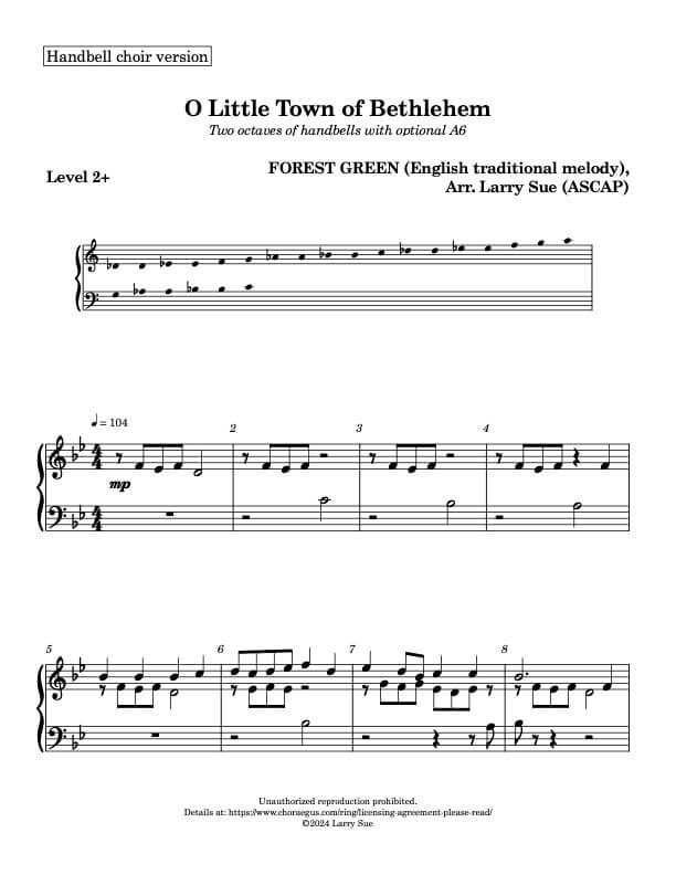 O Little Town of Bethlehem (FOREST GREEN) (Handbells, 2 octaves, Level 2+) - page 1